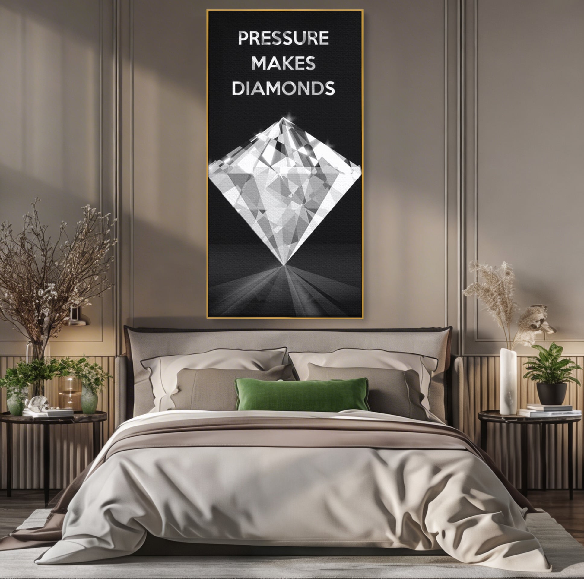 Tablou canvas cu tablou motivational cu diamant argintiu, in rama de aluminiu auriu, pe perete intr-un dormitor